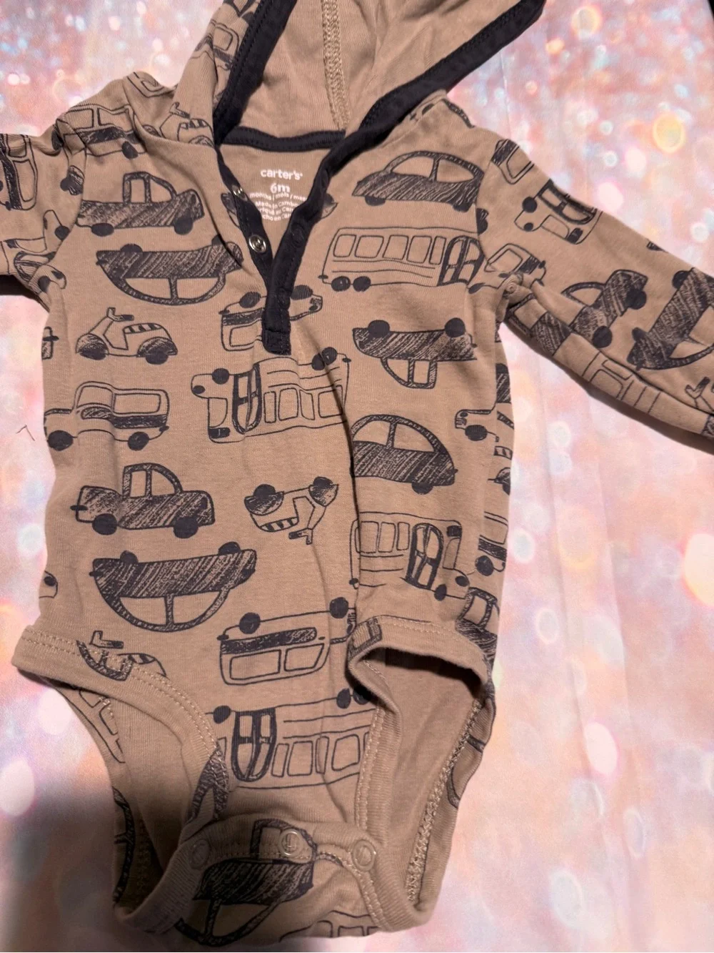 Carter's Tan Hooded One-Piece Bodysuit with Car Print 6 months